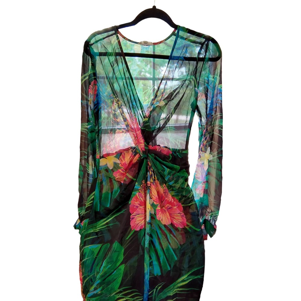 The Sang Tropical Twist Sheer Mesh Layer Dress Built-In Skirt S
